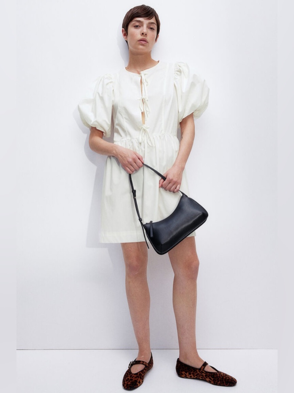 H&M Divided White Tie Front Puff-Sleeve Mini Dress NWT Size X/L